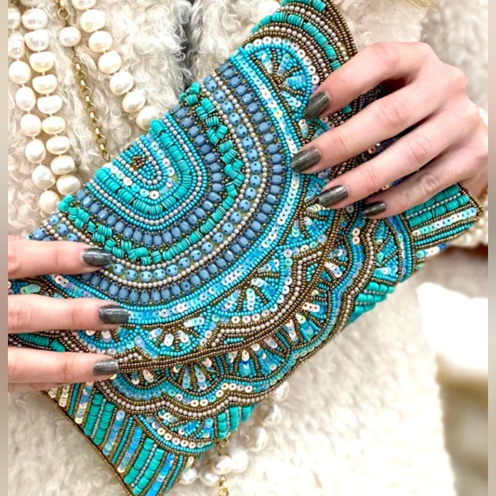 David Jeffery Intricate Beaded Clutch With Chain Handmade In India Retail $225
